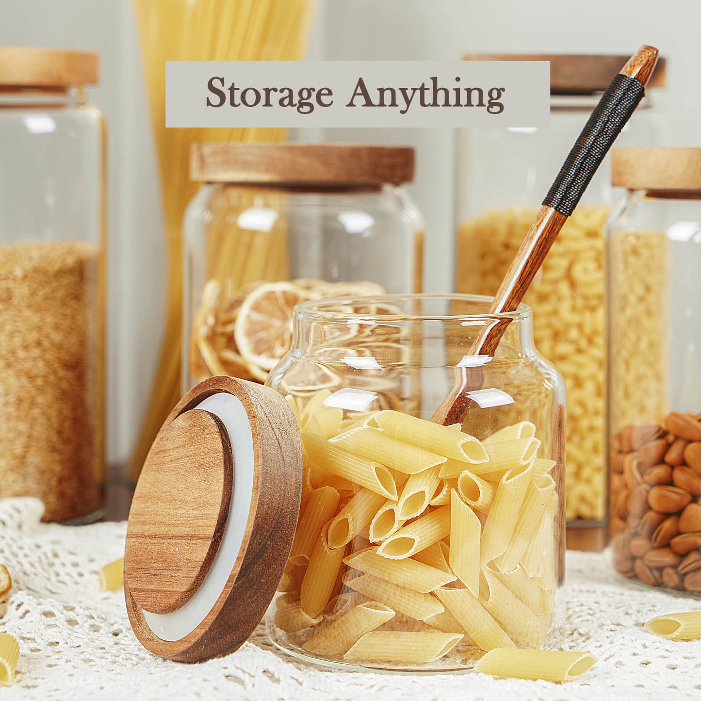 Labina Glass Storage Container Airtight Food Jars Kitchen Canister with Wood Lids, 20 Oz Wide Mouth Pantry Organization Glass Jar for Flour, Sugar, Cookie, Spagetti, Nuts and Candy (2 Pack)
