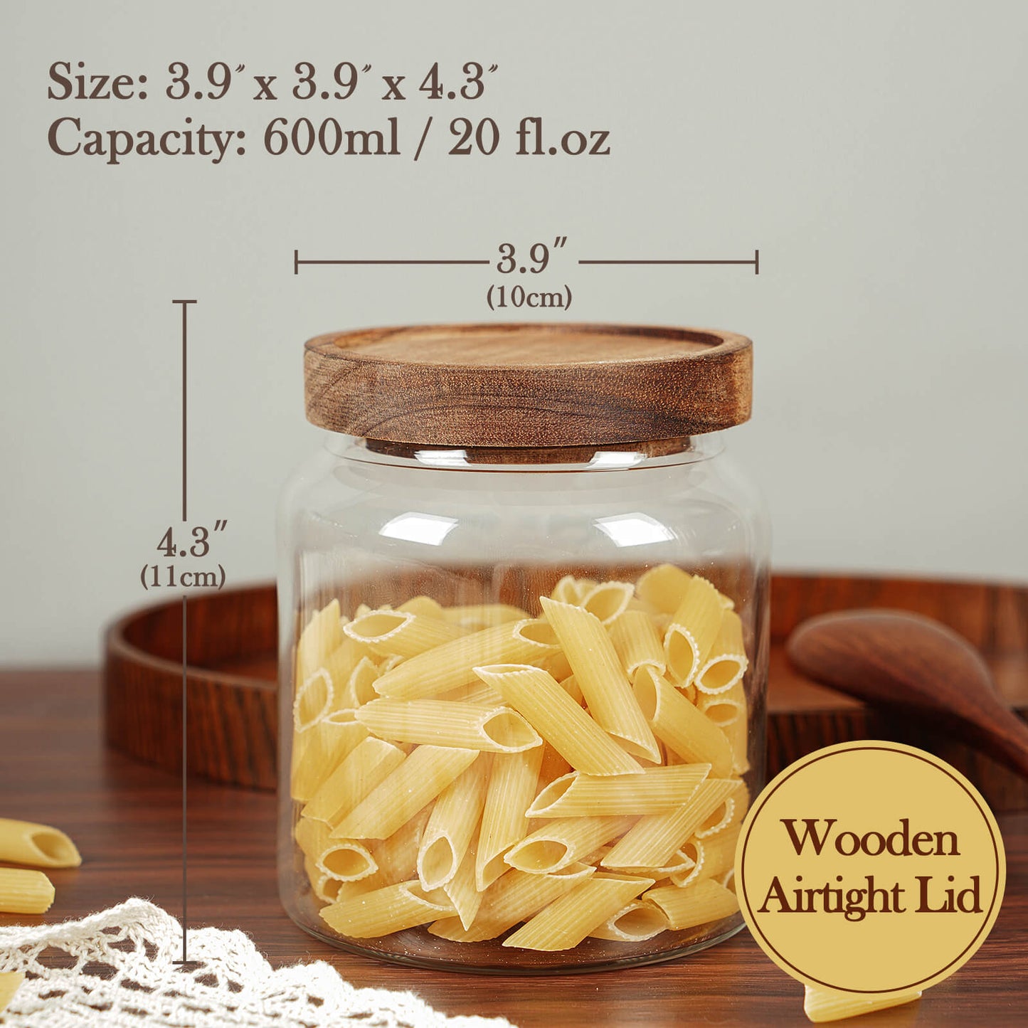 Labina Glass Storage Container Airtight Food Jars Kitchen Canister with Wood Lids, 20 Oz Wide Mouth Pantry Organization Glass Jar for Flour, Sugar, Cookie, Spagetti, Nuts and Candy (2 Pack)