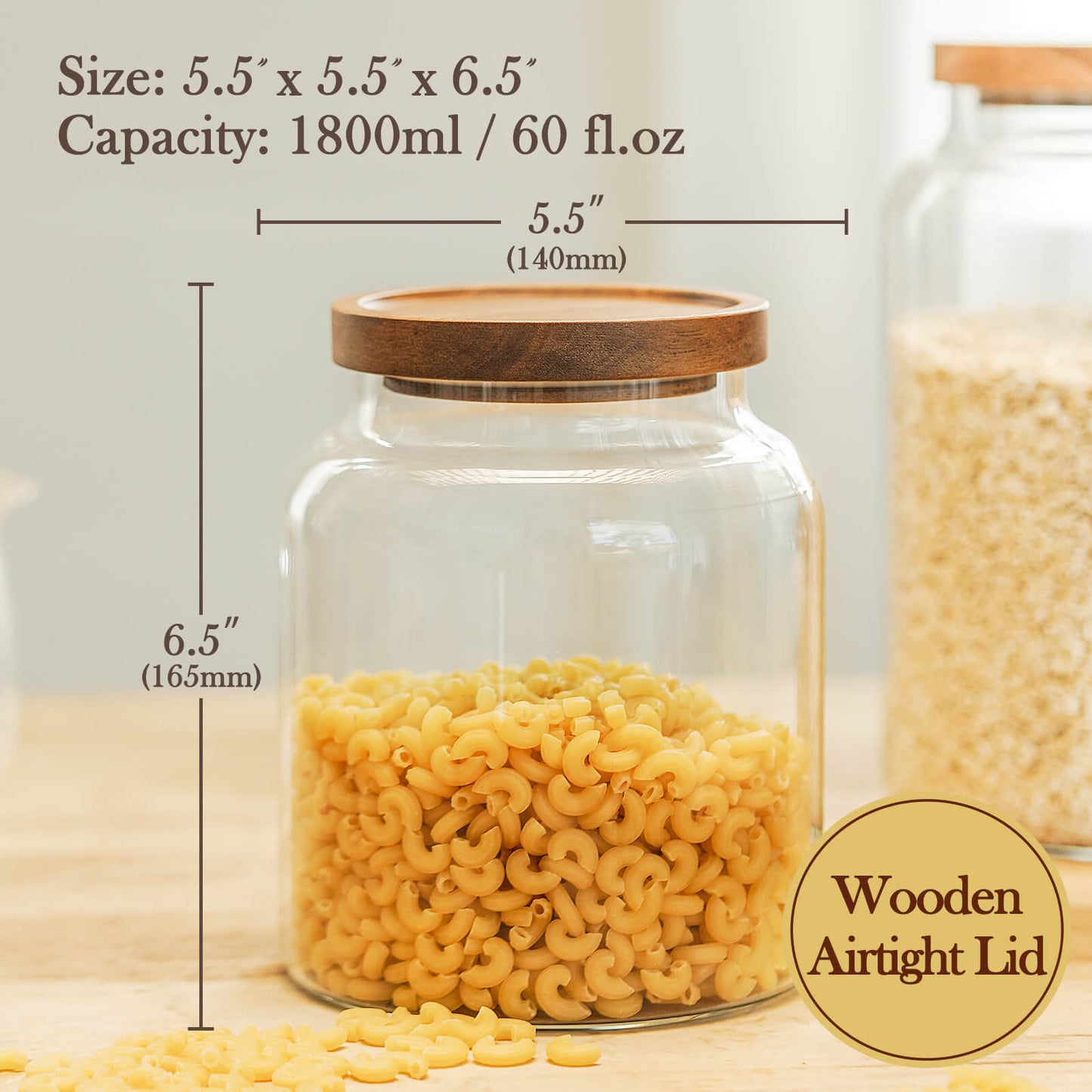 Labina Glass Storage Container Airtight Food Jars Kitchen Canister with Wood Lids,60 Oz Wide Mouth Pantry Organization Glass Jar for Flour, Sugar, Cookie, Spagetti, Nuts and Candy (2 Pack)