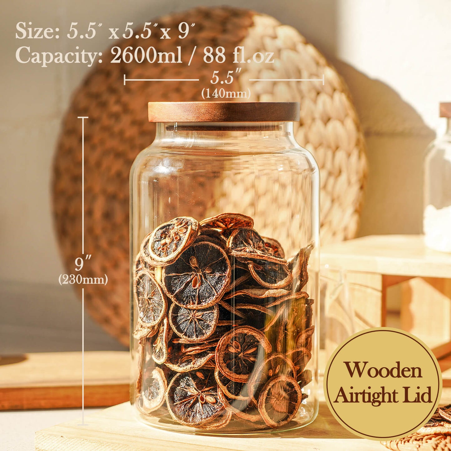 Labina Glass Storage Container Airtight Food Jars Kitchen Canister with Wood Lids,88 Oz Wide Mouth Pantry Organization Glass Jar for Flour, Sugar, Cookie, Spagetti, Nuts and Candy (2 Pack)
