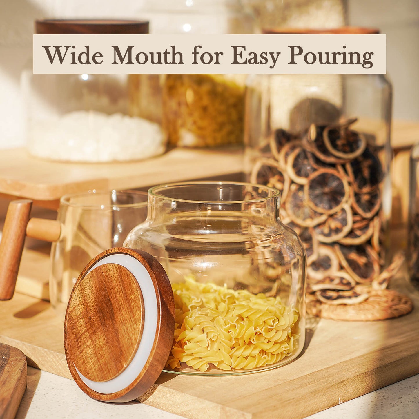 Labina Glass Storage Container Airtight Food Jars Kitchen Canister with Wood Lids, 47 Oz Wide Mouth Pantry Organization Glass Jar for Flour, Sugar, Cookie, Spagetti, Nuts and Candy