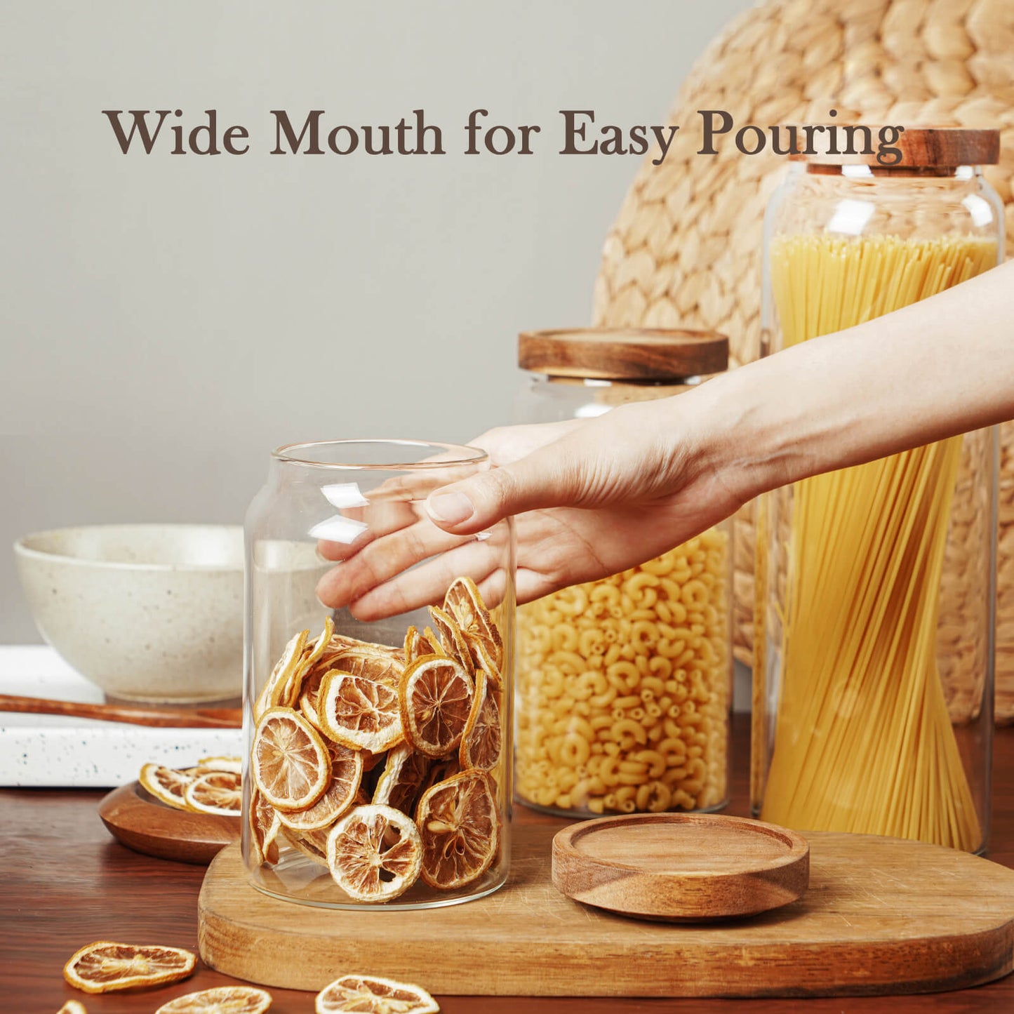 Labina Glass Storage Container Airtight Food Jars Kitchen Canister with Wood Lids, 33 Oz Wide Mouth Pantry Organization Glass Jar for Flour, Sugar, Cookie, Spagetti, Nuts and Candy