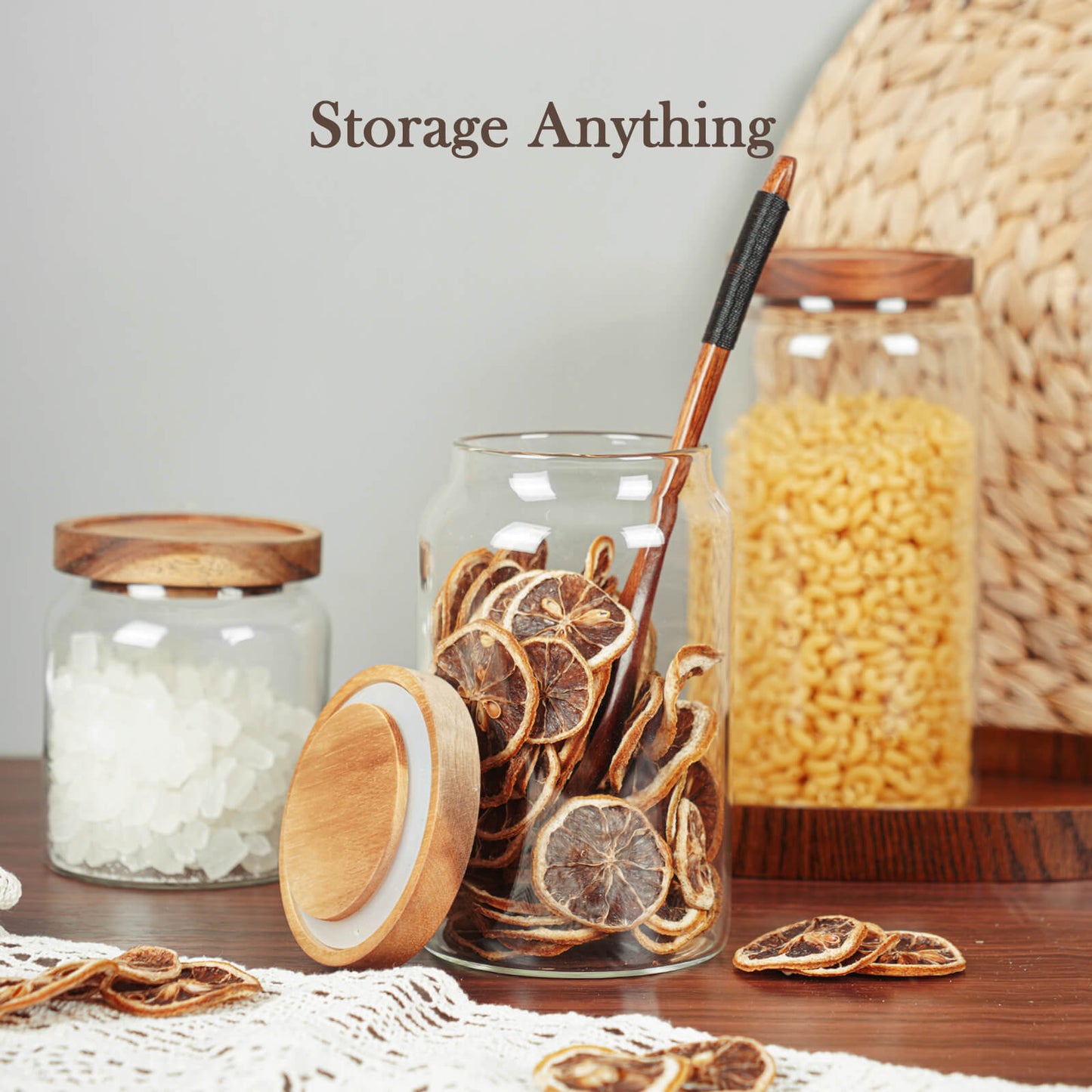 Labina Glass Storage Container Airtight Food Jars Kitchen Canister with Wood Lids, 33 Oz Wide Mouth Pantry Organization Glass Jar for Flour, Sugar, Cookie, Spagetti, Nuts and Candy (2 Pack)