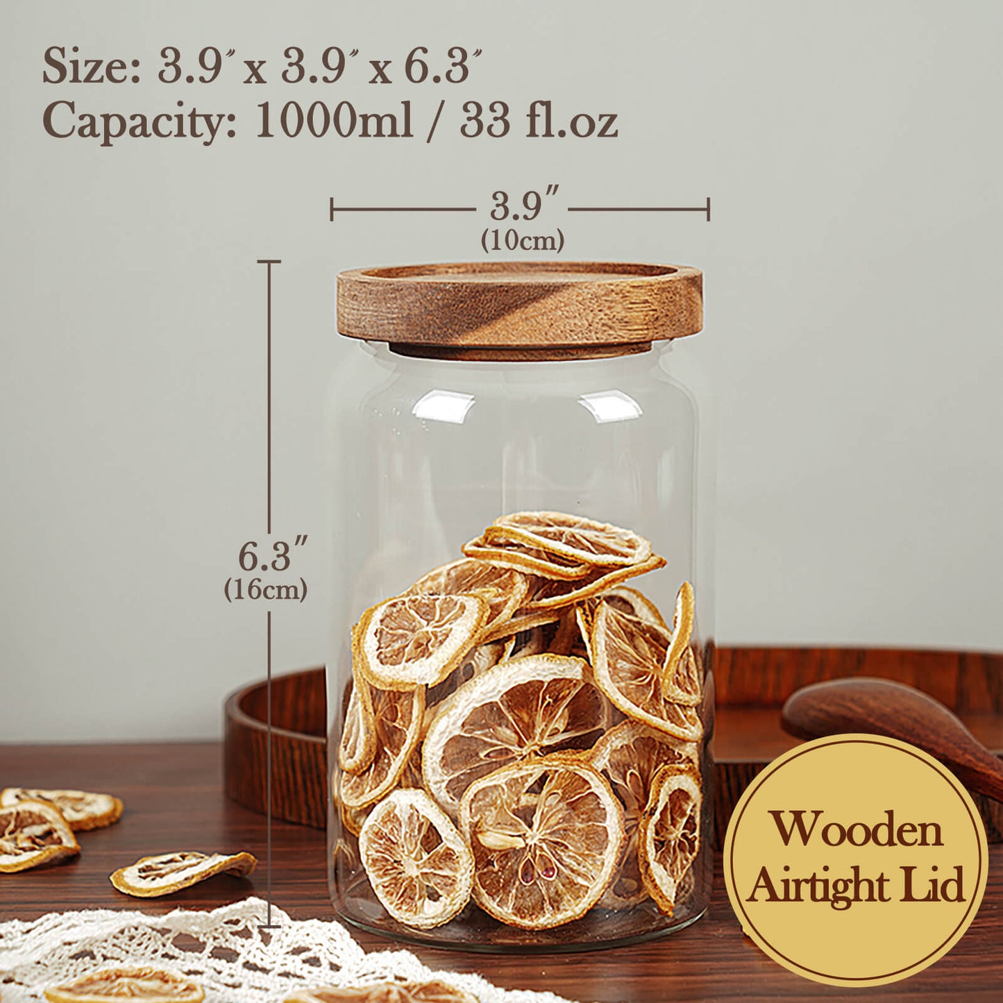 Labina Glass Storage Container Airtight Food Jars Kitchen Canister with Wood Lids, 33 Oz Wide Mouth Pantry Organization Glass Jar for Flour, Sugar, Cookie, Spagetti, Nuts and Candy (2 Pack)